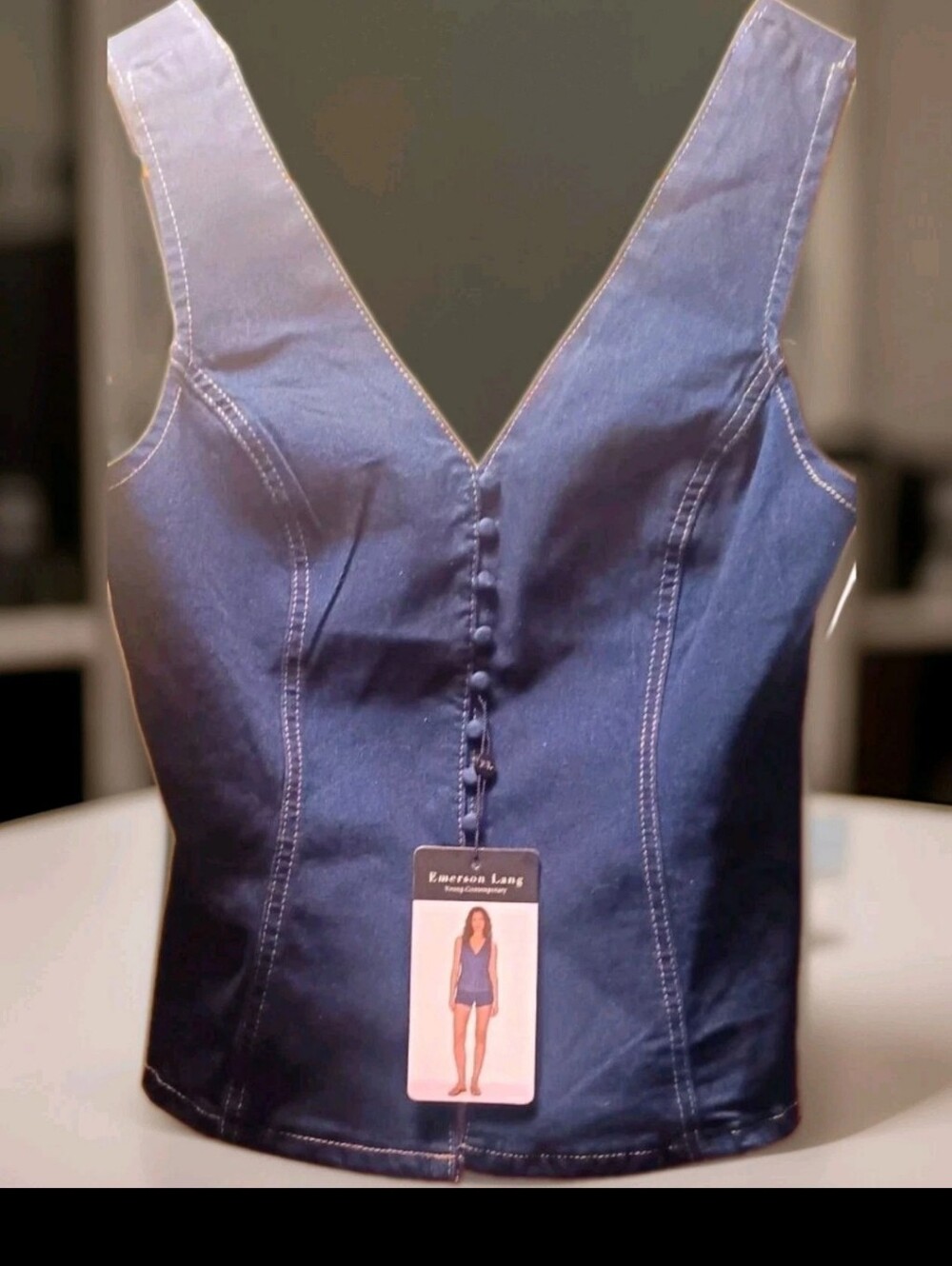 Emerson Lang Women's Dark Blue Button-Front Denim Vest With Adjustable Straps.